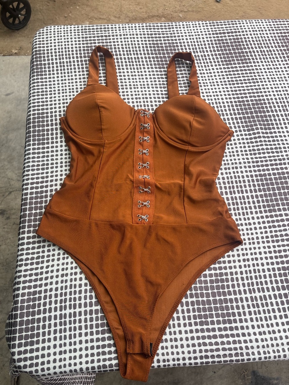 Haute Monde Copper Brown One-Piece Bodysuit with Front Hook Detail
